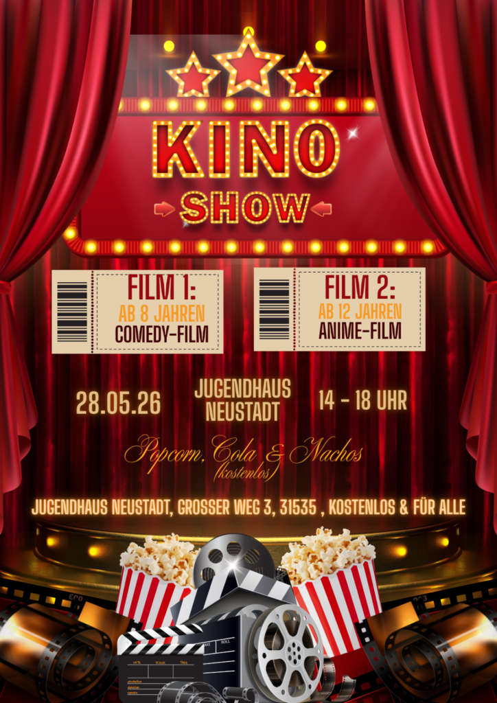 Das Kinoevent mit Popcorn im Jugendhaus in Neustadt läuft am Donnerstag, den 28.05.2026, von 14:00 bis 18:00 Uhr bei freiem Eintritt