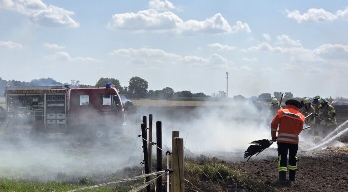 Brand bei Vesbeck: Rundballenpresse in Vollbrand Brand bei Vesbeck am Samstagnachmittag: Feuerwehr und Landwirte löschen eine Rundballenpresse, schützen die Pferdekoppel und Tiere bleiben unverletzt